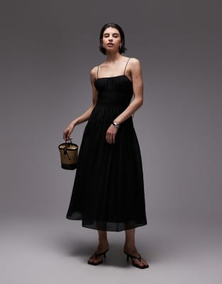 & Other Stories - Robe tendance folk mi-longue à smocks et bretelles fines - Noir