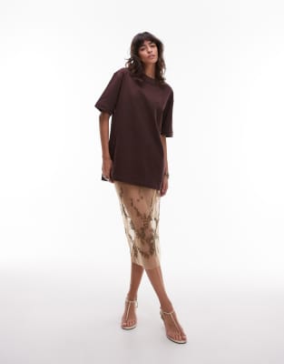& Other Stories - Rock aus transparentem Netzstoff in Beige mit Perlen- und Paillettenstickerei-Neutral