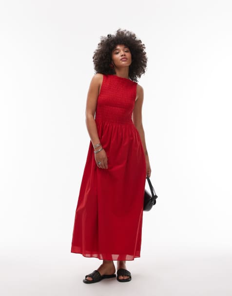 & Other Stories – Röd maxiklänning med båtringning och smockat liv - view 1