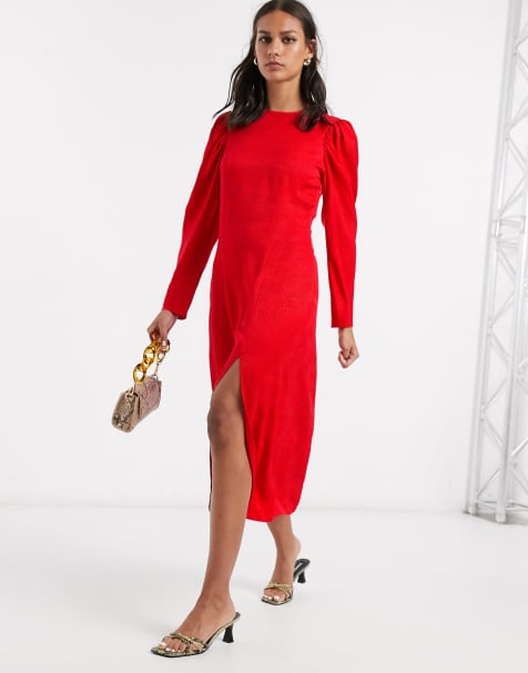& Other Stories – Rotes gepunktetes Minikleid mit Jacquard-Muster und Puffärmeln
