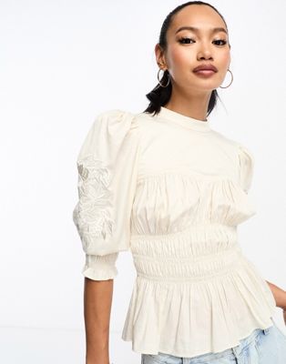 & Other Stories rouched blouse with embroidery in ecru - ASOS Price Checker