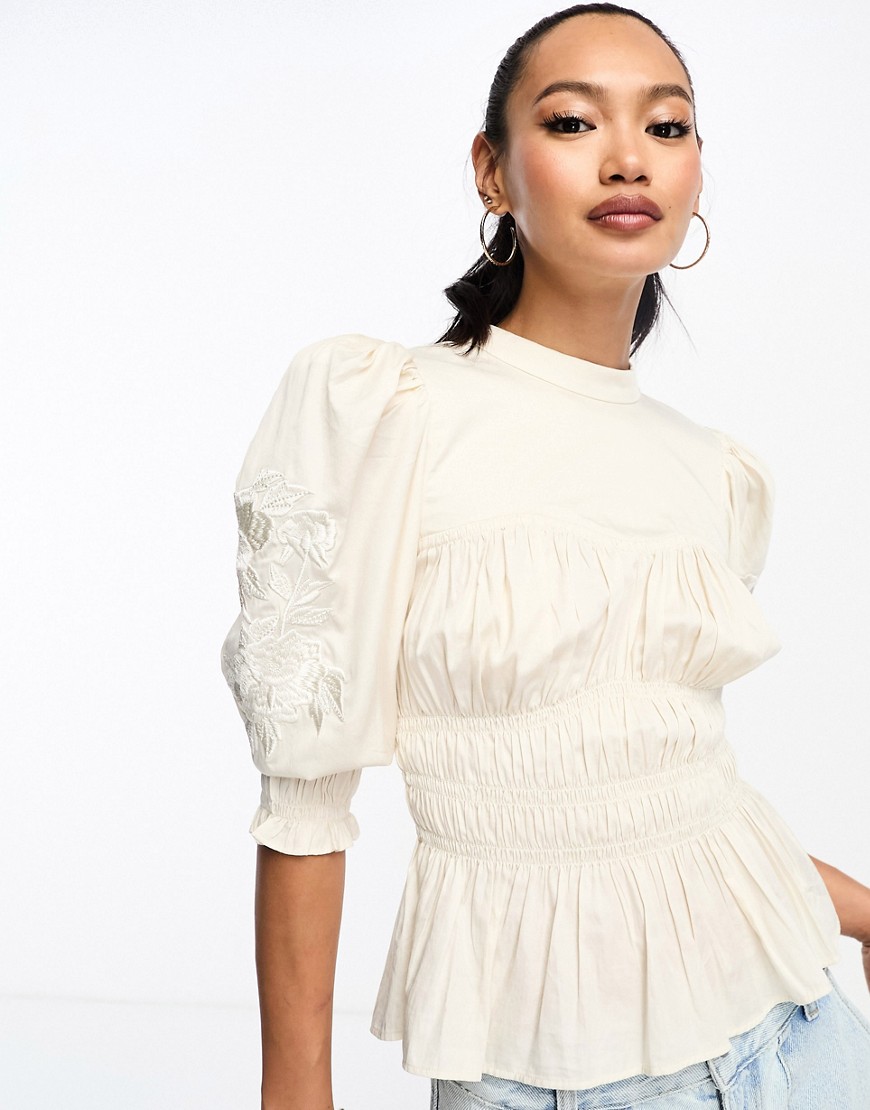 & Other Stories rouched blouse with embroidery in ecru-White