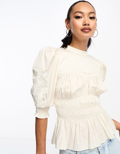 & Other Stories rouched blouse with embroidery in ecru | ASOS