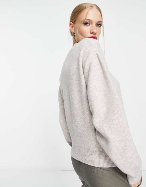 & Other Stories round neck balloon sleeve jumper in oatmeal, 3 of 4