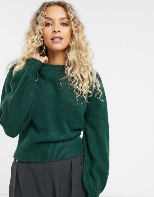 & Other Stories round neck balloon sleeve sweater in dark green