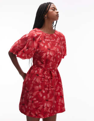 & Other Stories Round Neck Mini Dress With Puff Sleeves And Detachable Belt In Red