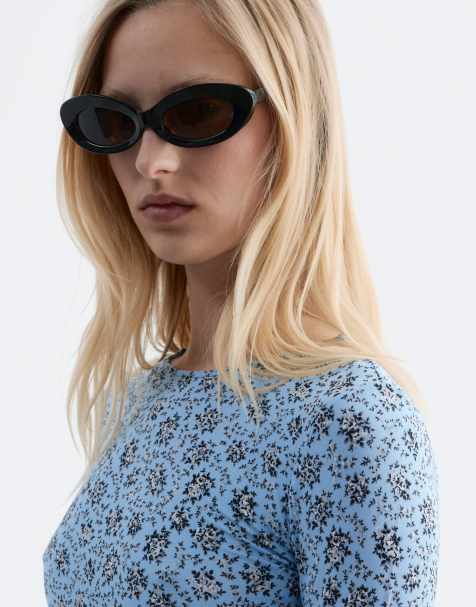 & Other Stories rounded cat eye style sunglasses in black and dark tinted lenses with linen pouch case - view 1