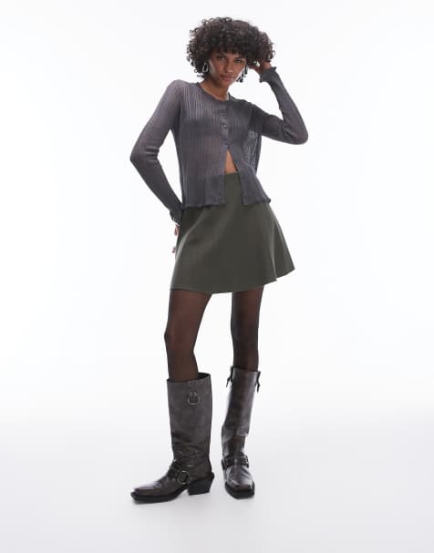 & Other Stories knitted  flippy mini skirt in dark khaki