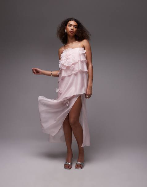 & Other Stories sheer chiffon maxi dress with layers and flower applique in pink
