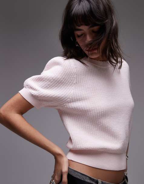 & Other Stories short sleeve knitted top in pink  with scallop edge neckline