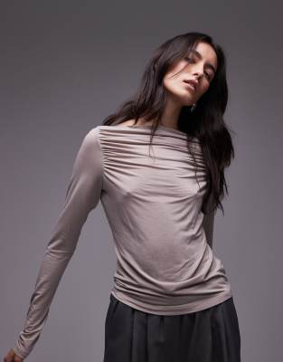 & Other Stories ruche boat neck top with long sleeves in beige-Neutral