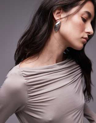 Shop & Other Stories Ruche Boat Neck Top With Long Sleeves In Neutral