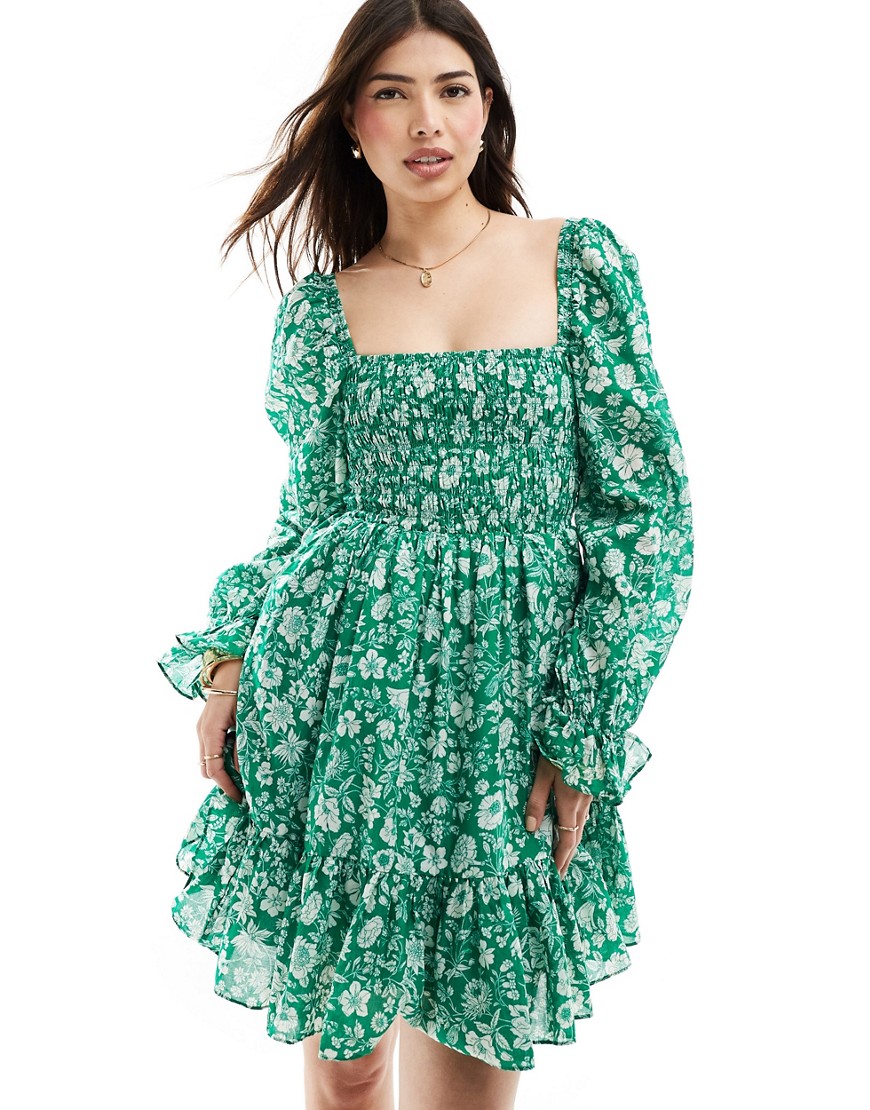 & Other Stories ruche bodice mini dress with volume sleeve and tiered hem in green floral print