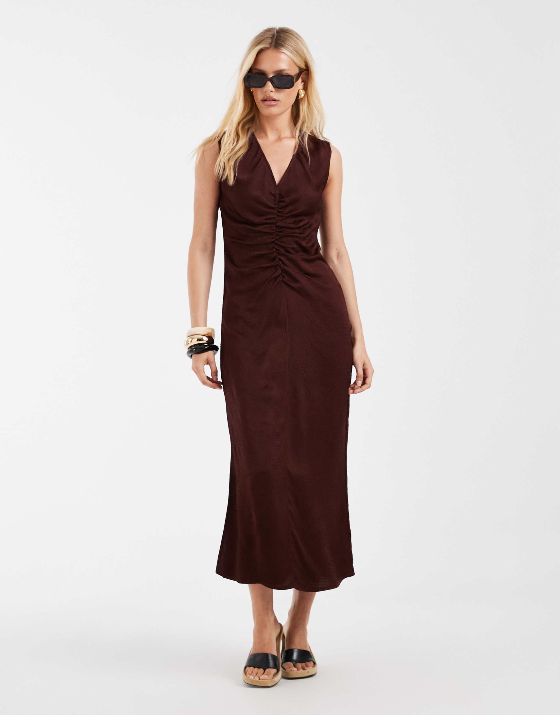 & other stories ruche front maxi dress with v-neck in chocolate brown