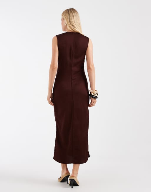 & Other Stories ruche front maxi dress with v-neck in chocolate brown, 4 of 4