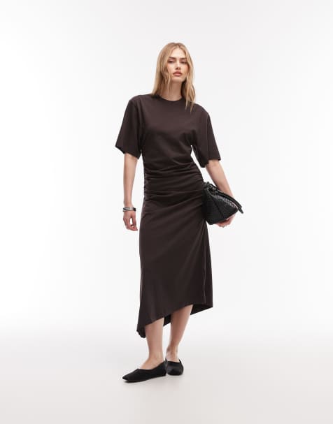 & Other Stories ruched asymetric hem jersey midi dress in chocolate brown  - view 1