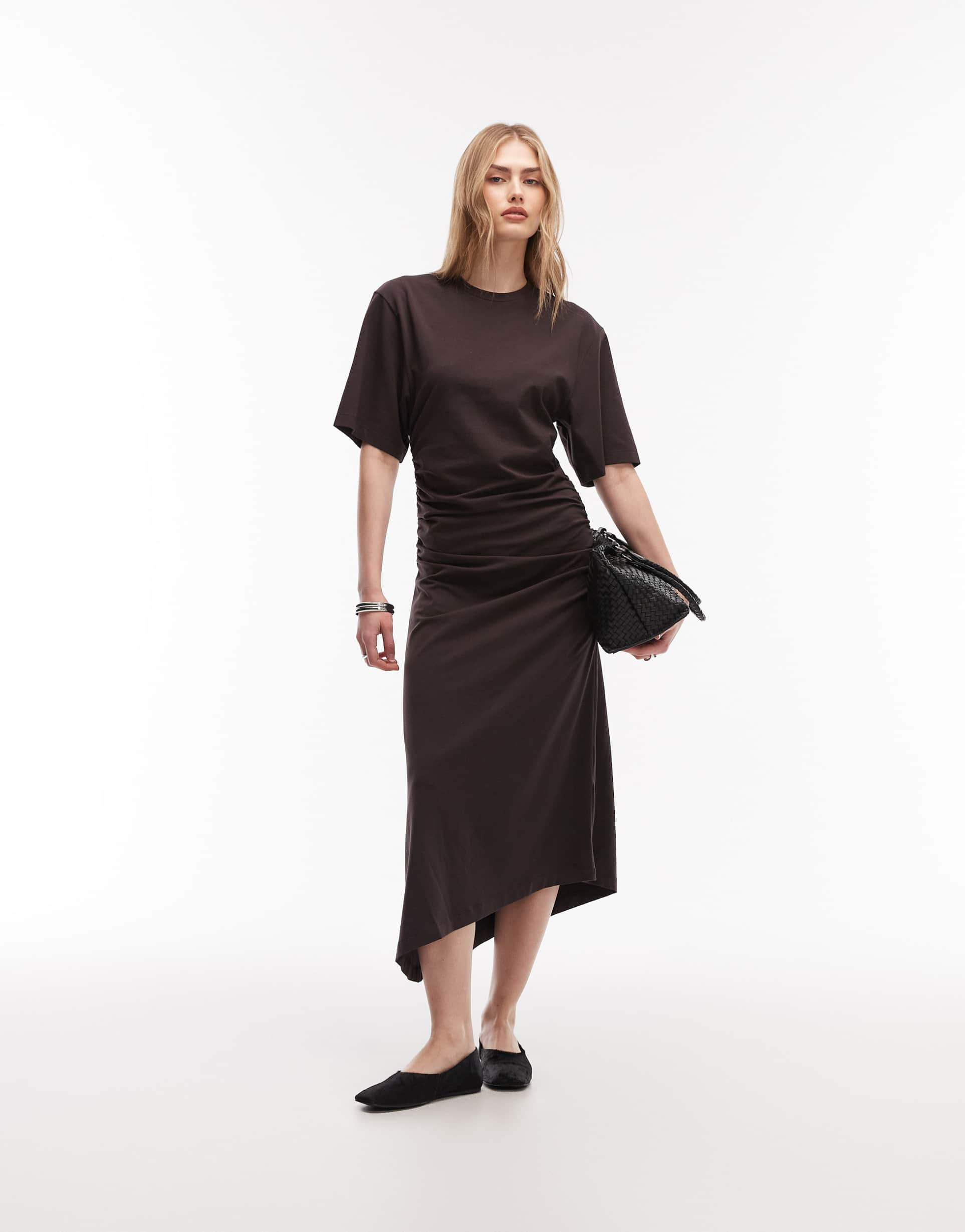 & other stories ruched asymmetric hem jersey midi dress in chocolate brown