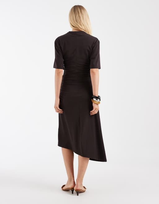 & Other Stories ruched asymmetric hem jersey midi dress in chocolate brown , 3 of 4