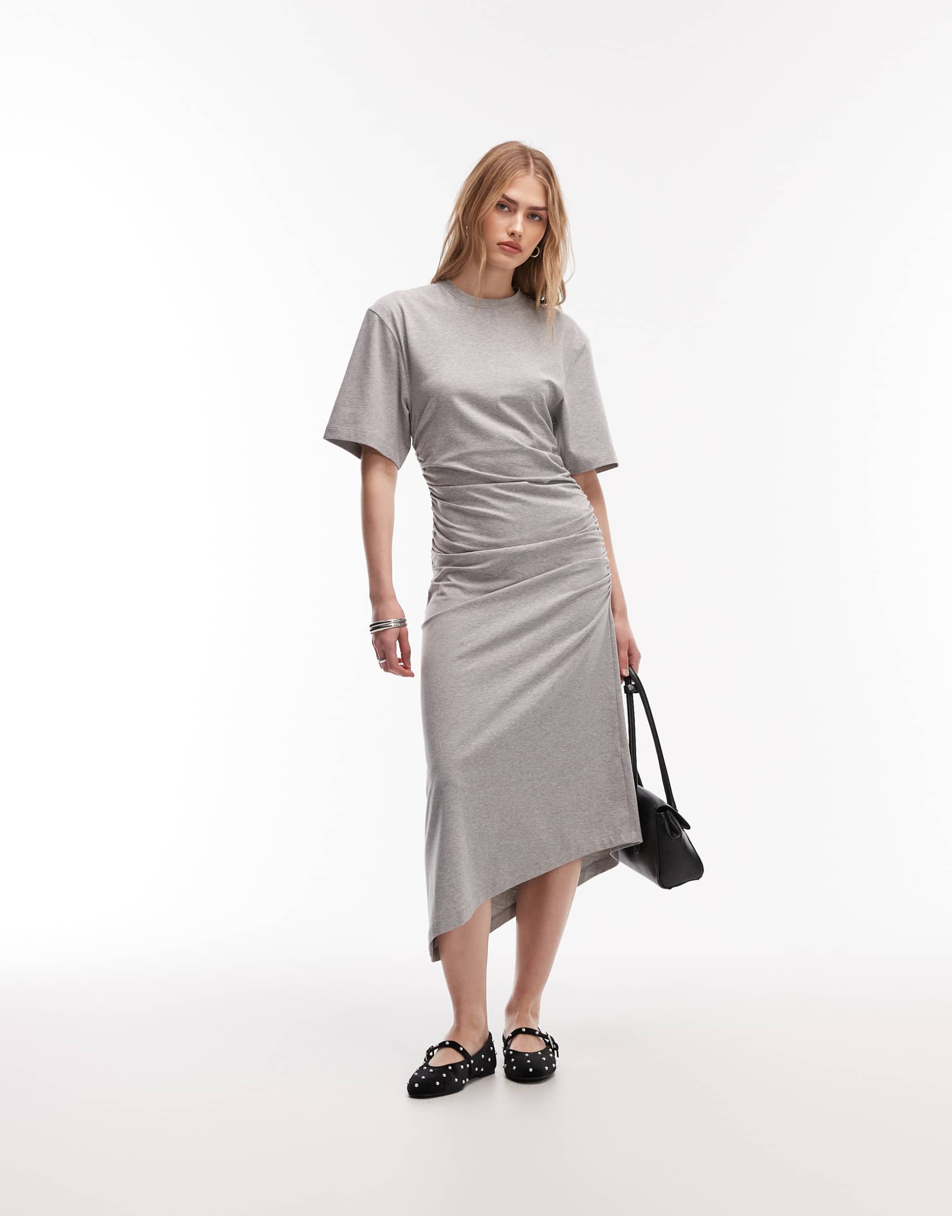& other stories ruched asymmetric hem jersey midi dress in heather gray