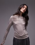 [Other Stories] & Other Stories ruched boat neck top with long sleeves in beige-Neutral L beige