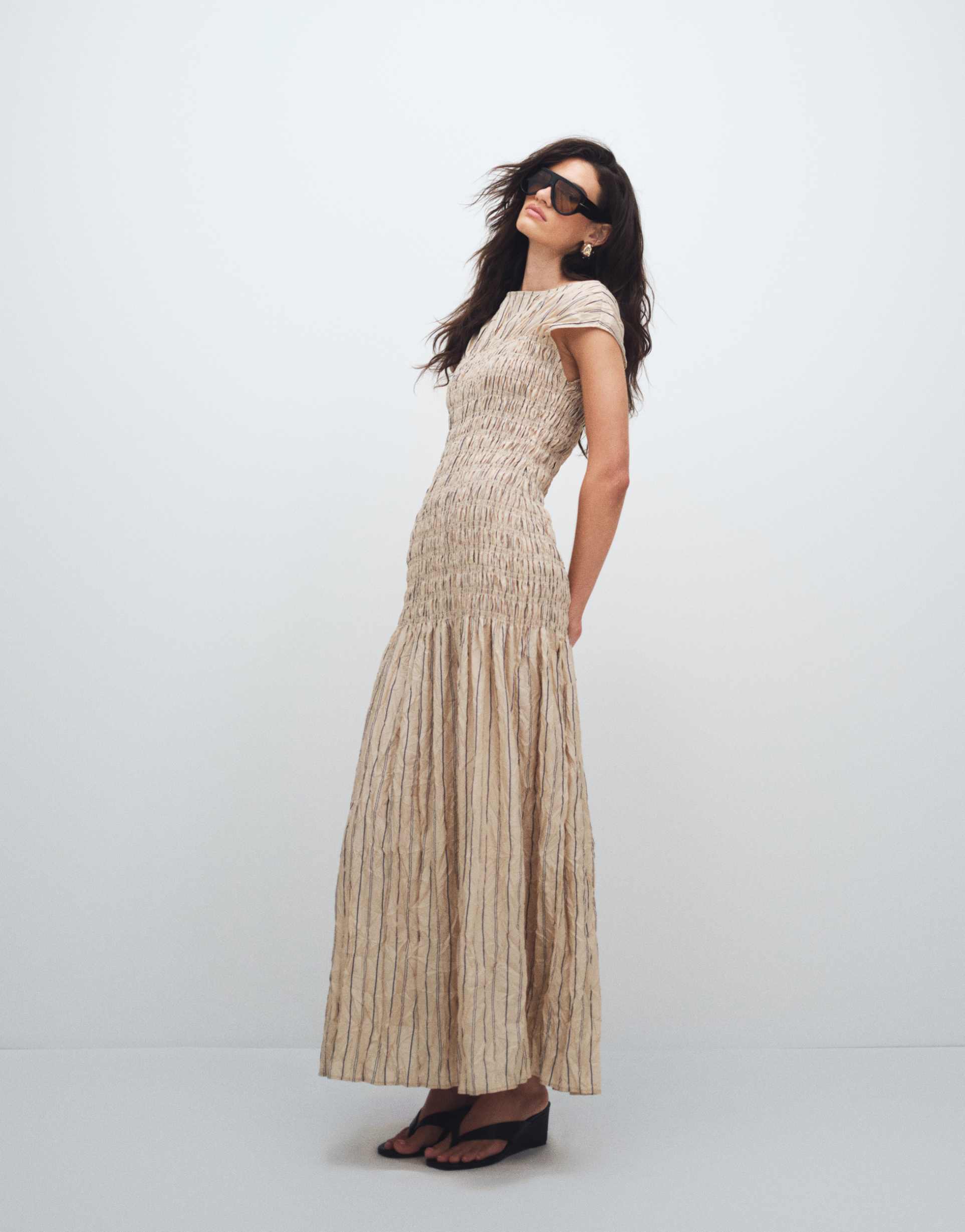 & other stories ruched crinkle maxi dress in beige