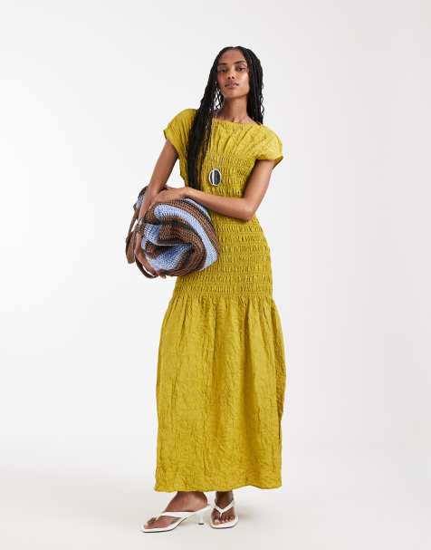 & Other Stories ruched crinkle maxi dress in citrus green - view 1