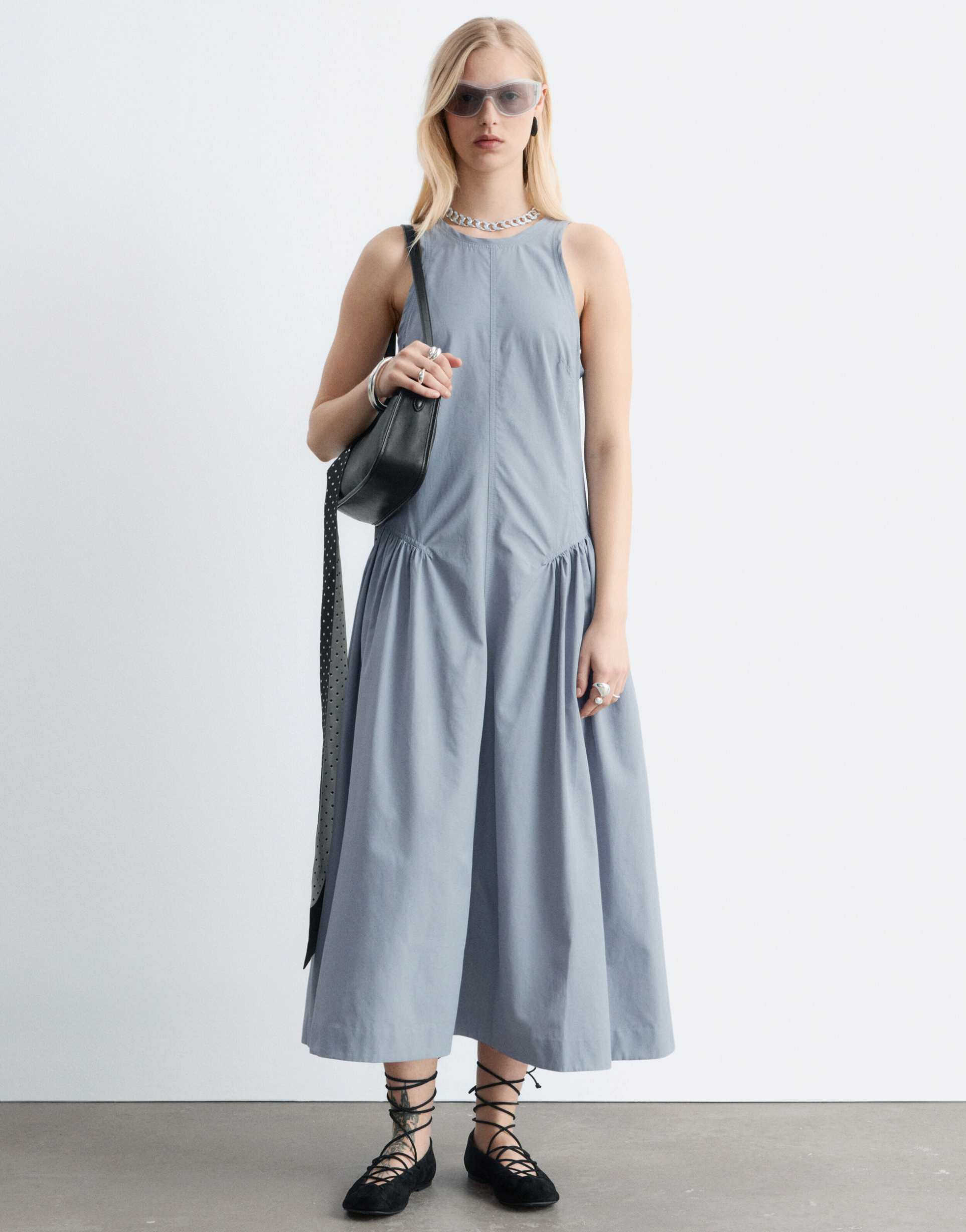 & other stories ruched drop waist maxi dress in gray