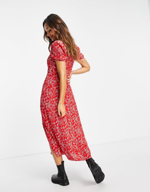 & Other Stories ruched front floral print midi dress in red - RED, 3 of 4