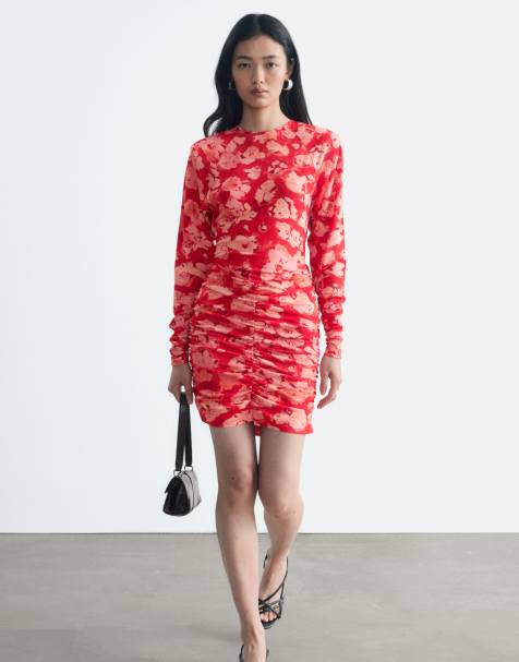 & Other Stories ruched long sleeve mini dress with padded shoulders and all over print in medium red - view 1