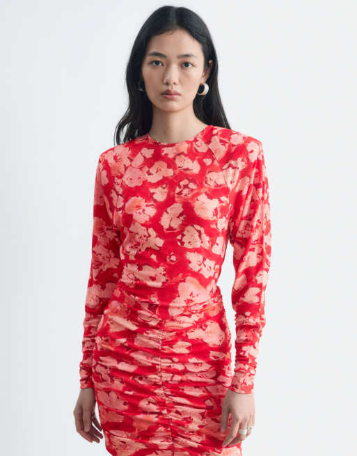 & Other Stories ruched long sleeve mini dress with padded shoulders and all over print in medium red, 2 of 4