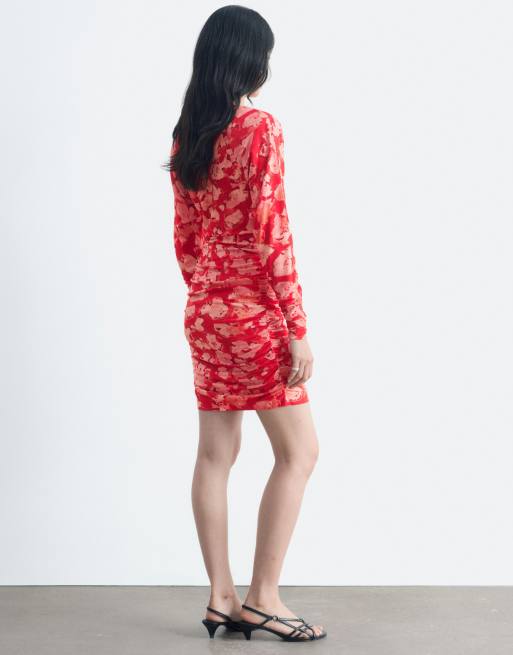& Other Stories ruched long sleeve mini dress with padded shoulders and all over print in medium red, 4 of 4