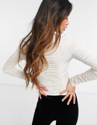 white ruched long sleeve top
