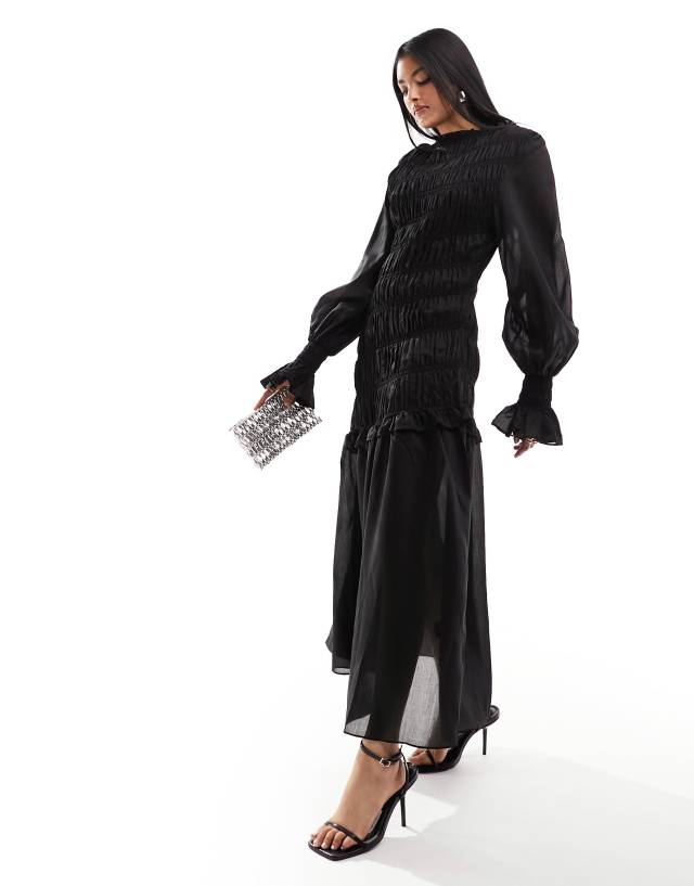 & Other Stories - ruched midaxi dress with volume sleeves in black