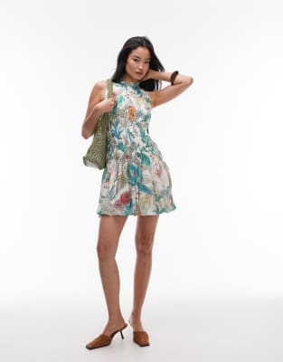 & Other Stories & Other Stories ruched mini dress with frill collar in floral print-Multi
