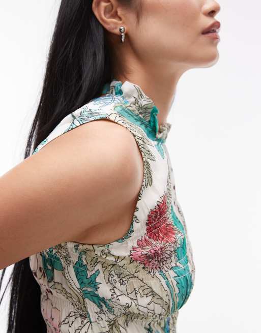 & Other Stories ruched mini dress with frill collar in floral print, 3 of 4