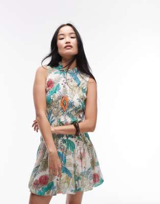 & Other Stories Ruched Mini Dress With Ruffle Collar In Multi