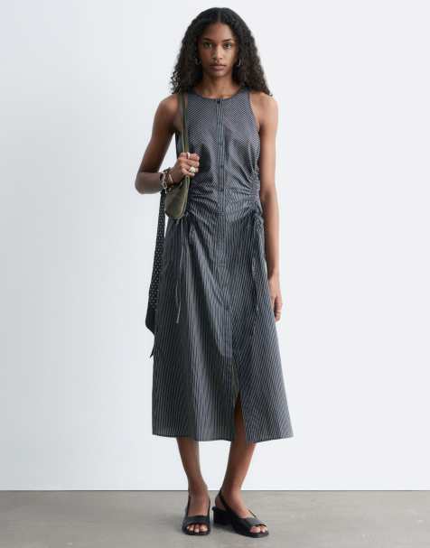 & Other Stories ruched side cotton midi dress in dark blue - view 1