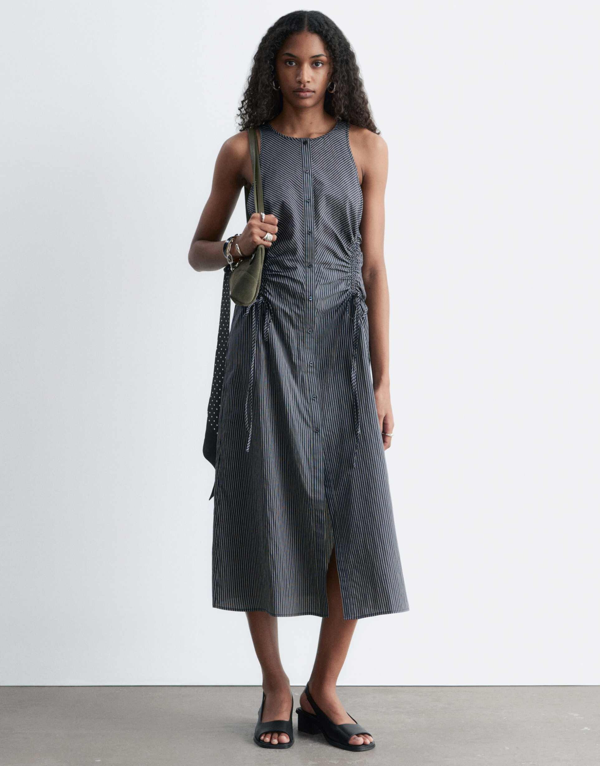 & other stories ruched side cotton midi dress in dark blue