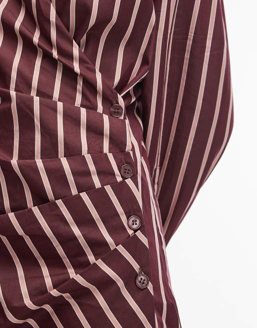 & Other Stories ruched side mini shirt dress in burgundy stripes, 3 of 4