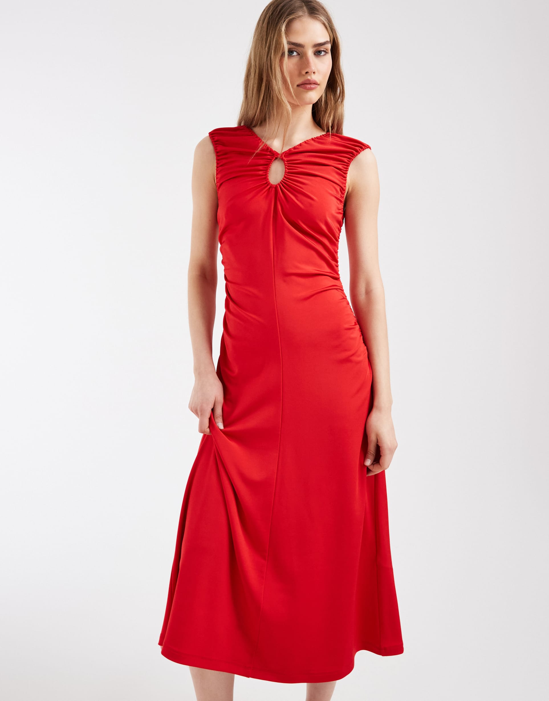 & other stories ruched sleeveless midi dress with keyhole in red