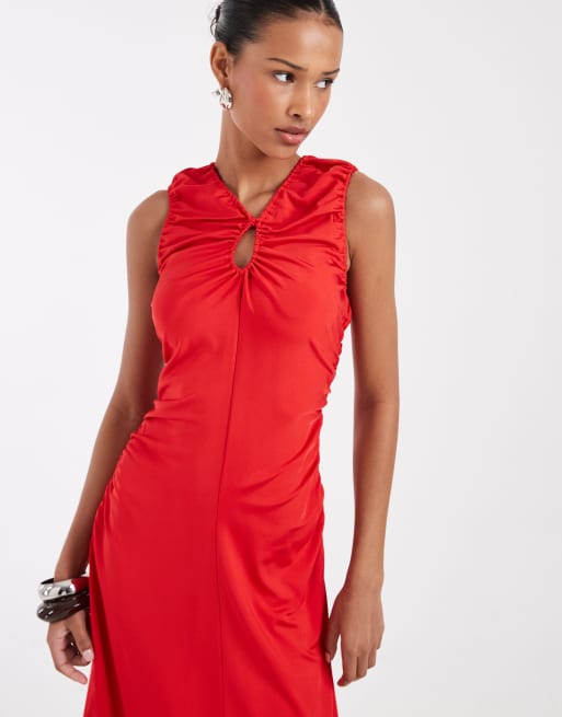 & Other Stories ruched sleeveless midi dress with keyhole in red, 3 of 4