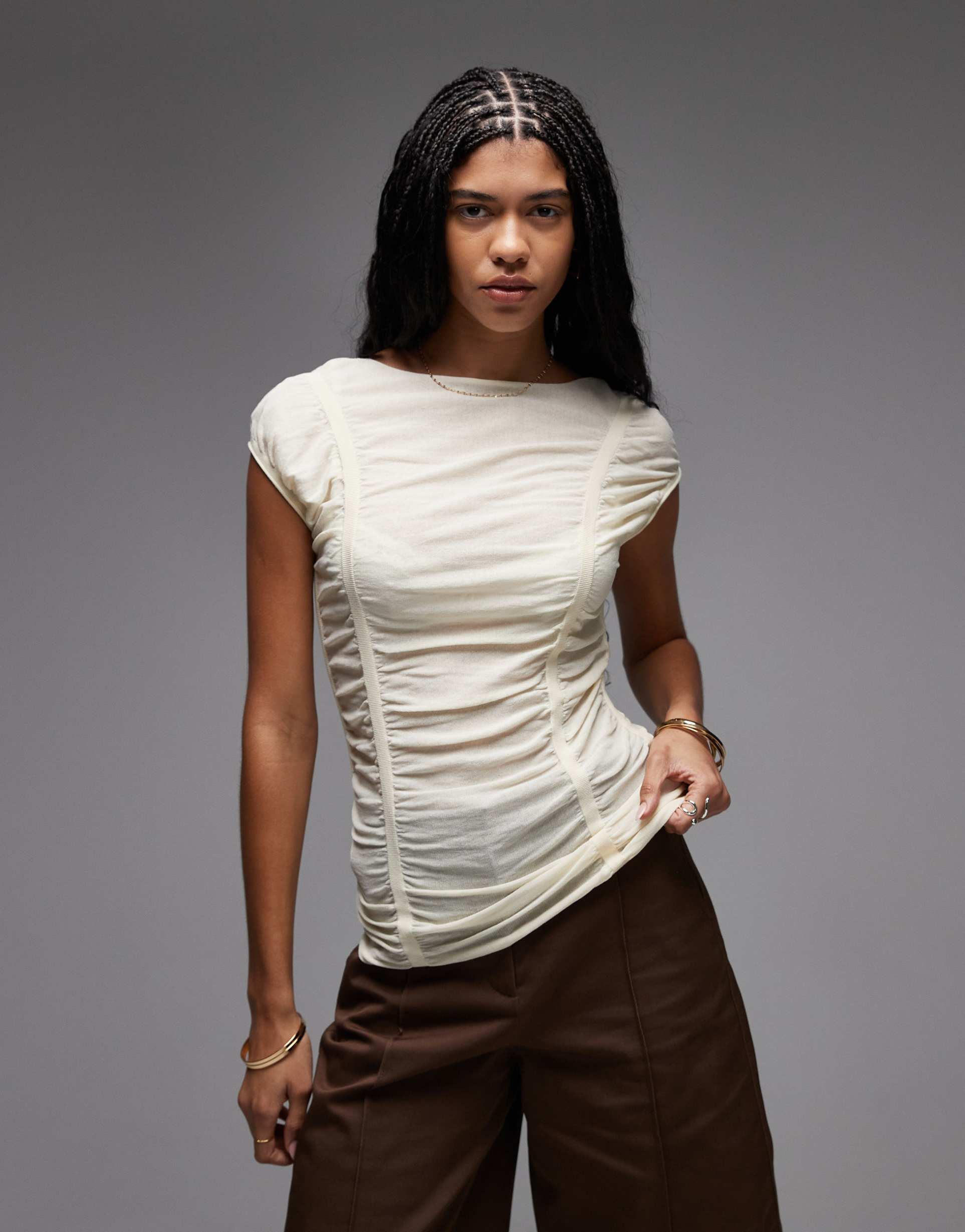 & other stories ruched top with cap sleeves in beige