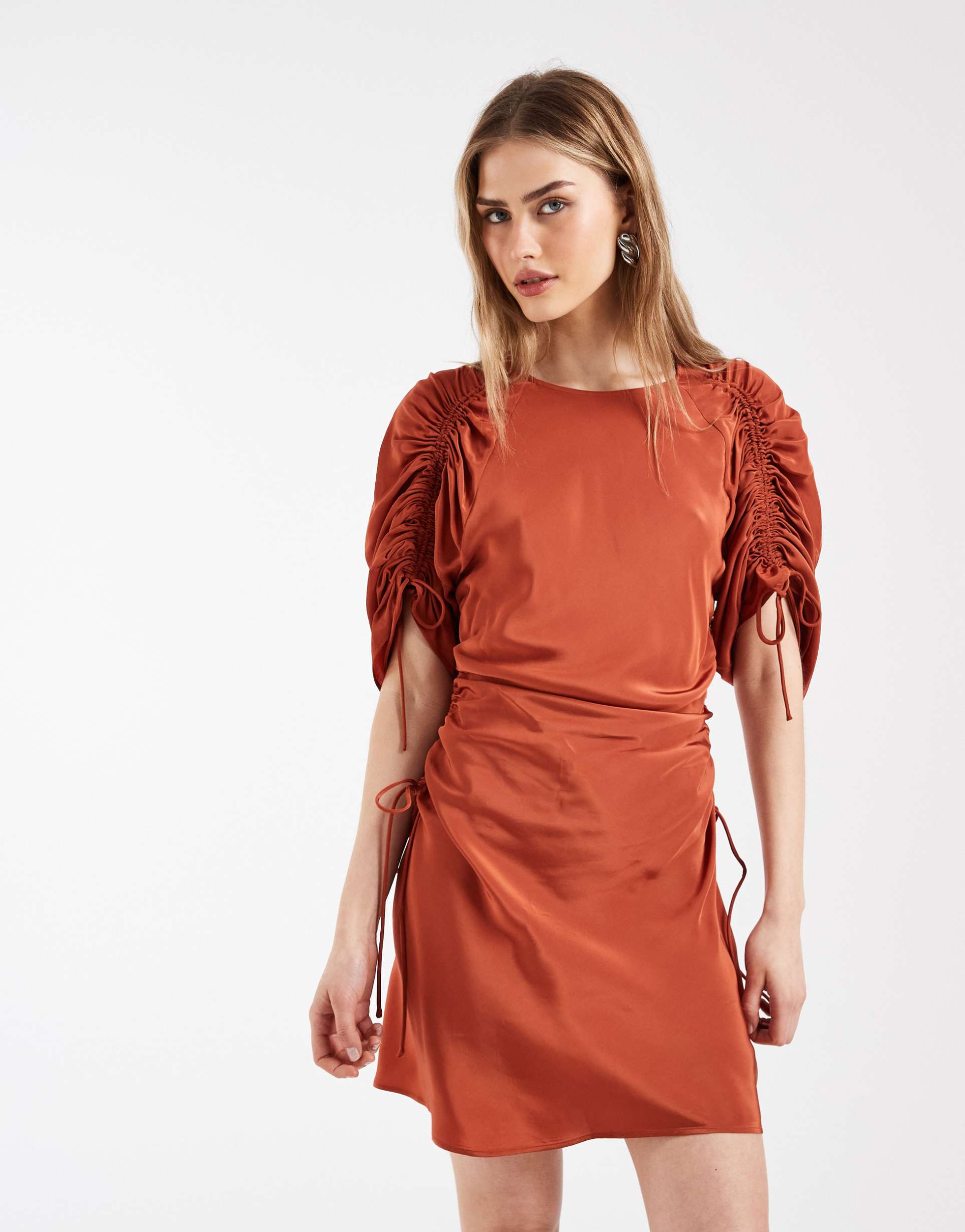 & other stories ruched volume short sleeve mini dress in rusty orange