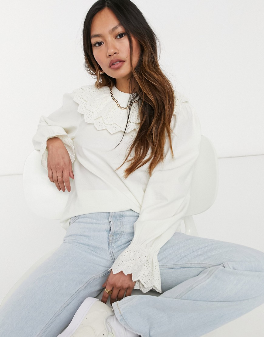 & Other Stories ruffle and broderie detail blouse in white