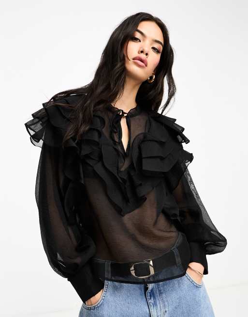 Black ruffle blouse uk deals