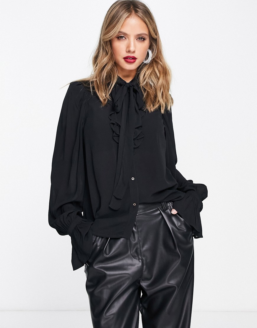 & Other Stories ruffle detail pussy bow blouse in black
