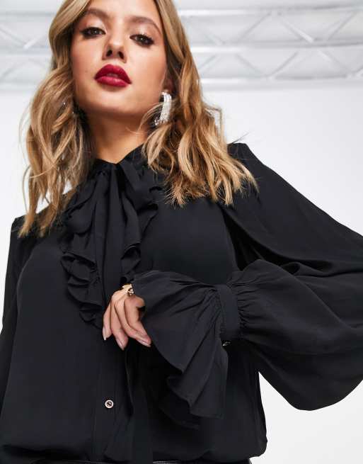 & Other Stories ruffle detail pussy bow blouse in black