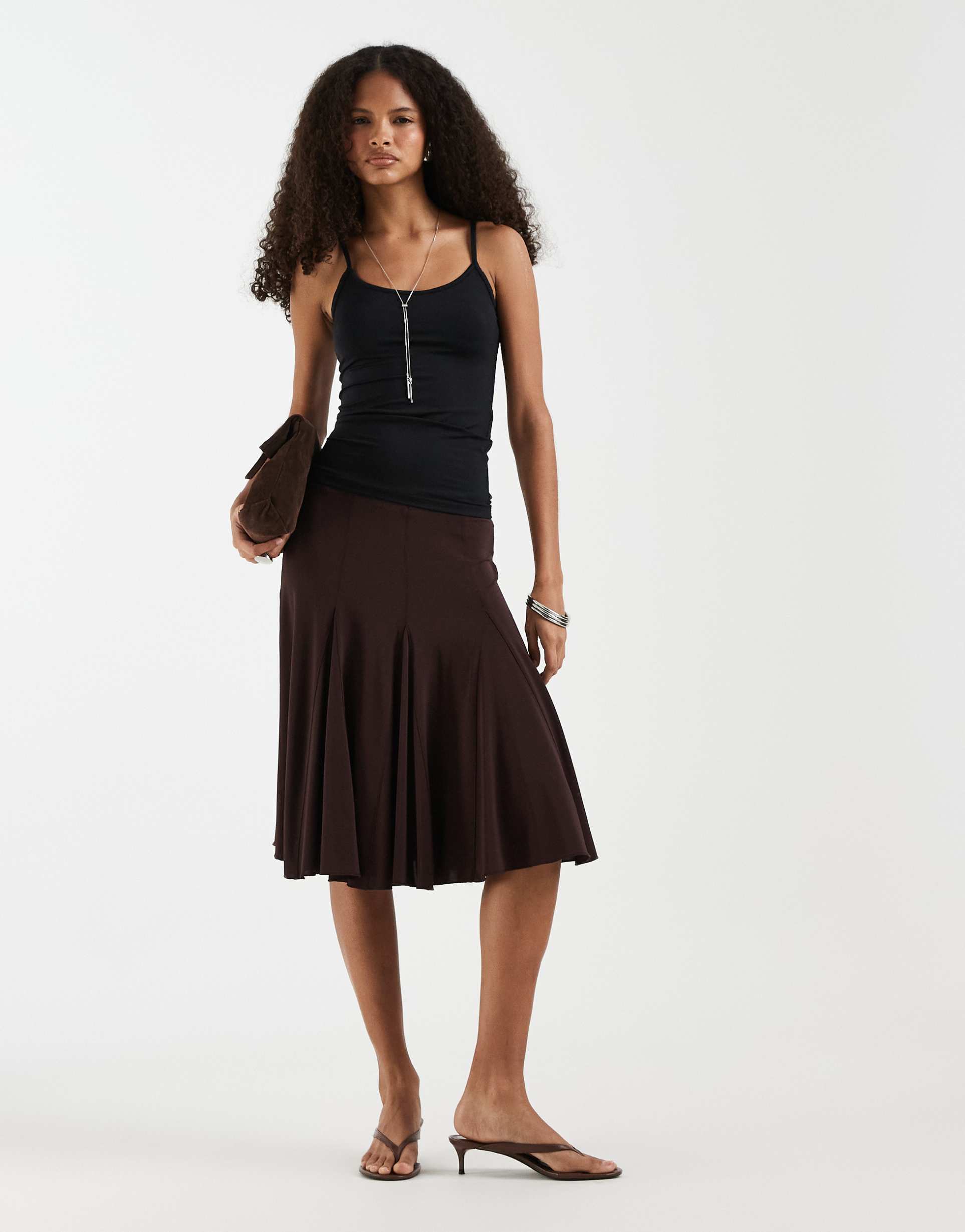 & other stories ruffle pleated midi skirt in chocolate brown