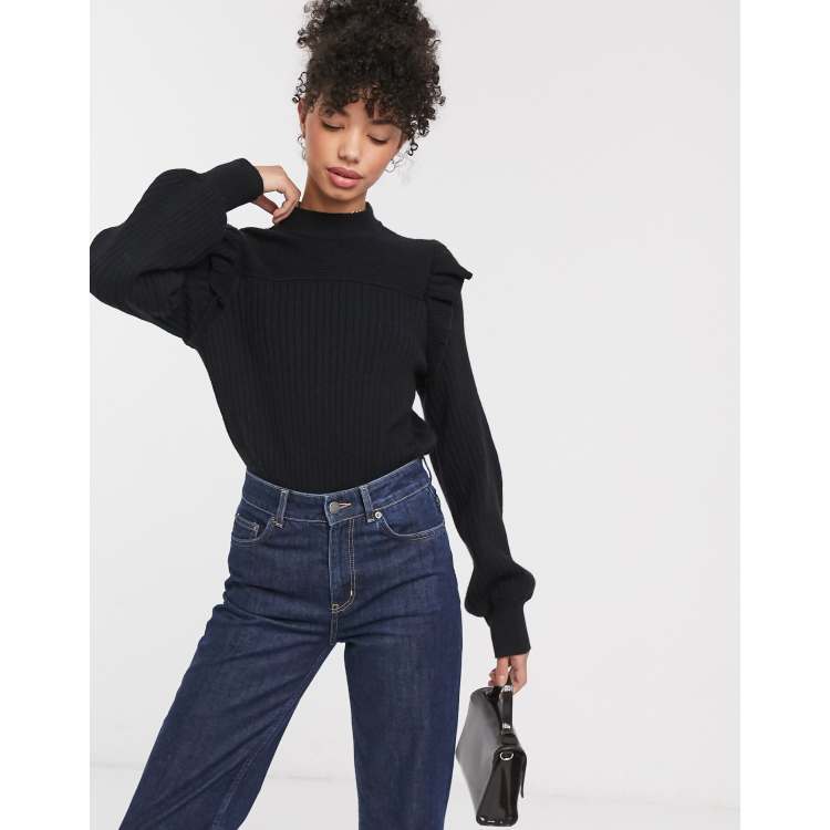 Other Stories ruffle shoulder ribbed jumper in black ASOS