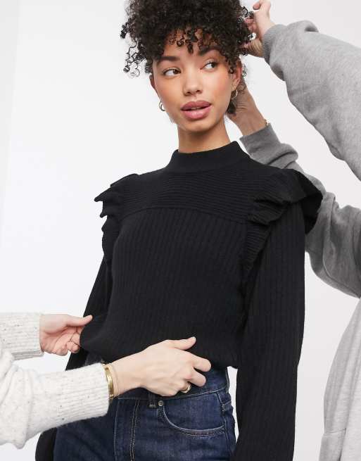 & Other Stories ruffle shoulder ribbed sweater in black